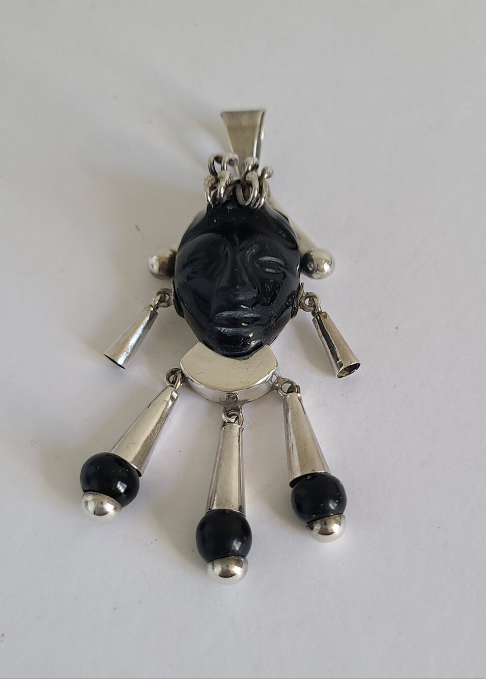 Vintage TAXCO Sterling Silver Black Onyx Boho Aztec Warrior Face Mask Pendant